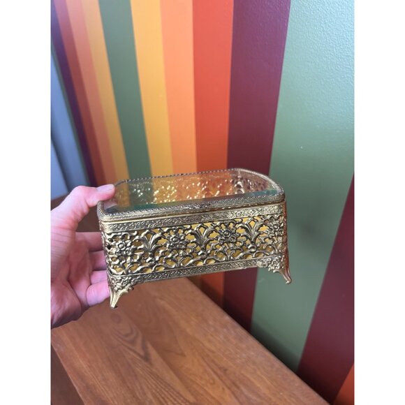 Vintage brass and glass mirrored jewellery box catch all mini Hollywood regency - Picture 4 of 9